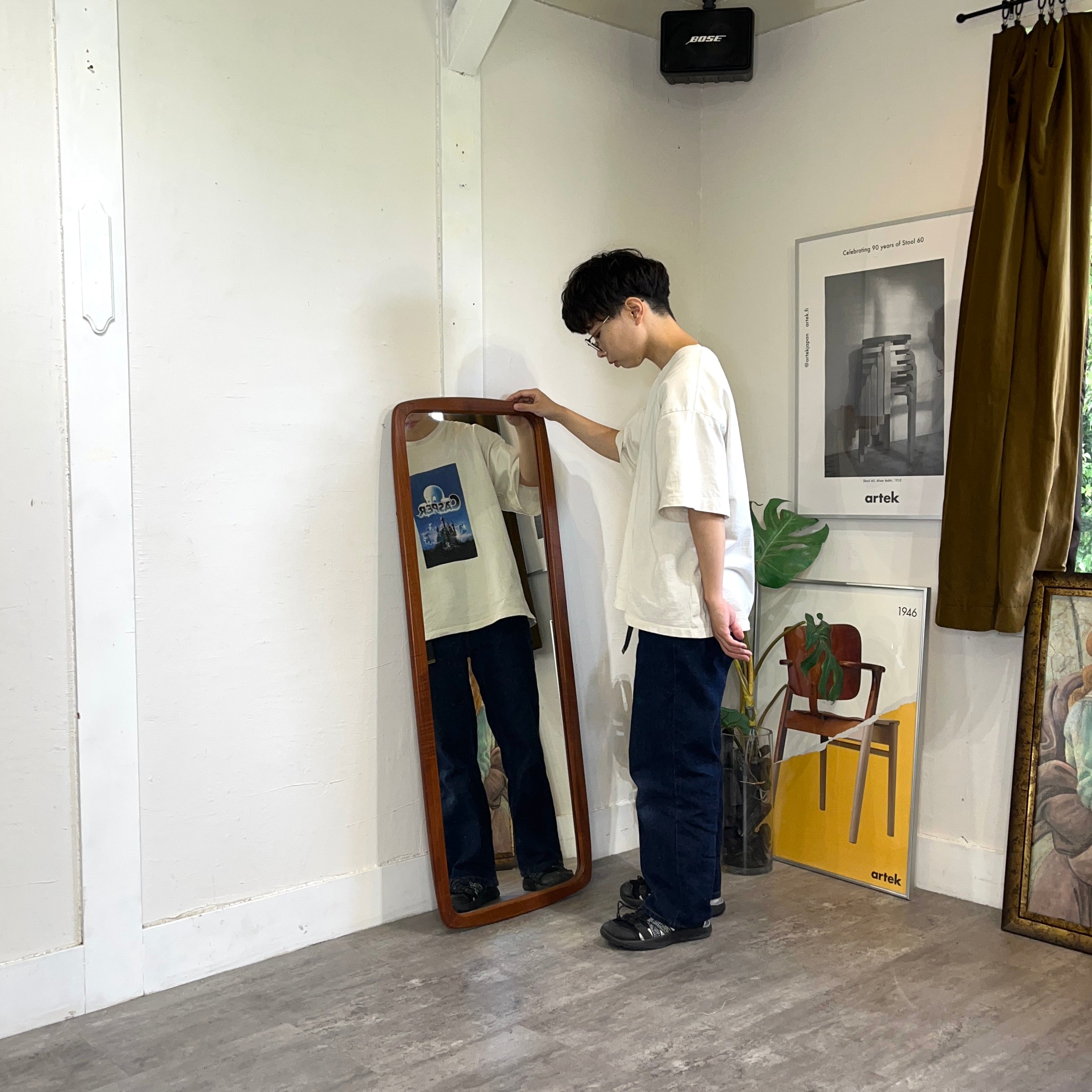 デンマーク製 チークミラー ヴィンテージ 鏡 中古 北欧 姿見 かわいい