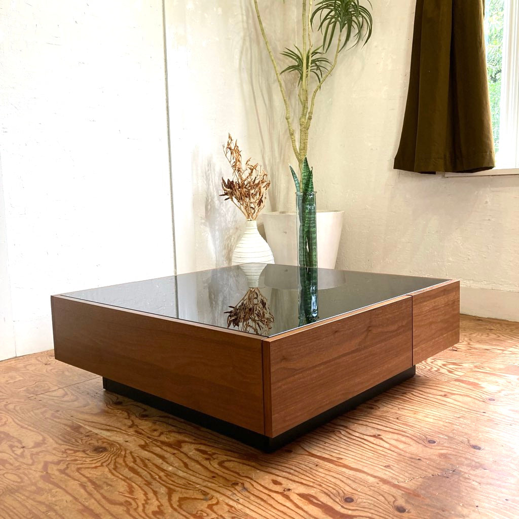 ガラスローテーブル 引出し 収納付き ウォールナット 中古 ブラック