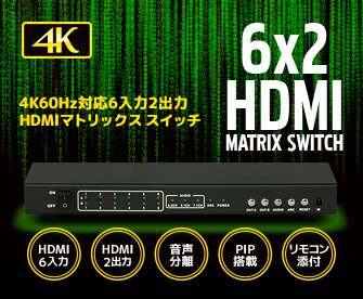 4K60Hz対応 6入力2出力HDMIマトリックススイッチ RS-HDSW62-4KZ