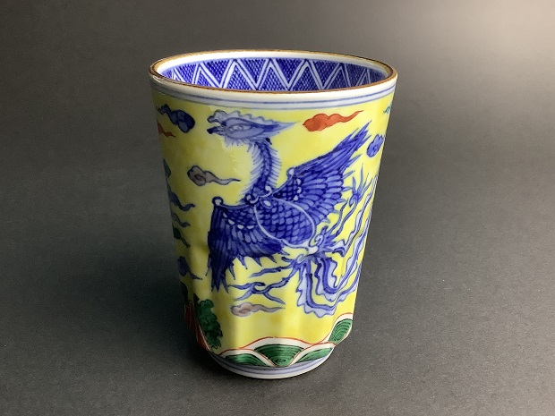 樂只苑 / 雲泉窯 黄彩雲龍鳳凰文湯呑（緑）