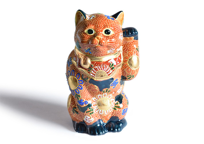 九谷焼 招き猫 オールドタイプ 置物 紺盛
