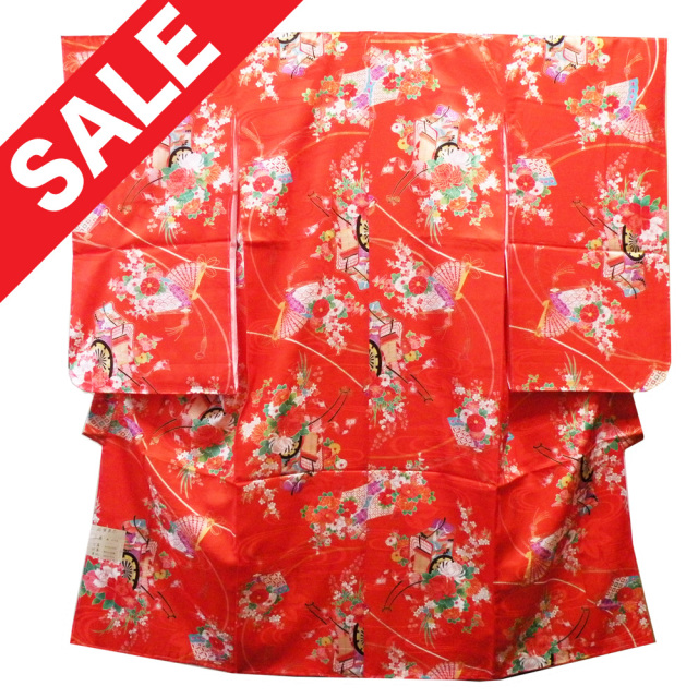 七五三 □正絹 四つ身着物 御所車 朱赤□ 7歳のお祝い晴れ着 【送料