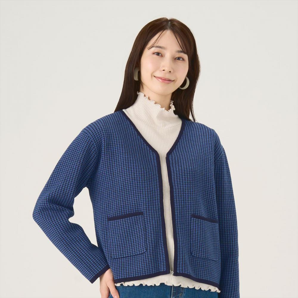 千鳥柄ZIPブルゾン スウェットライク レディース(M ブルー×ネイビー