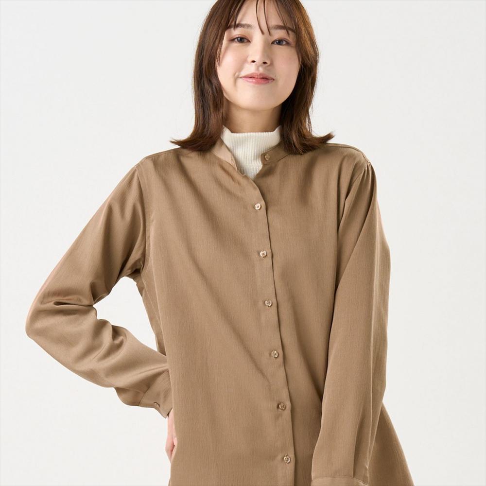 サテン ワイドシルエット スタンド衿 シャツ 長袖 レディース(M