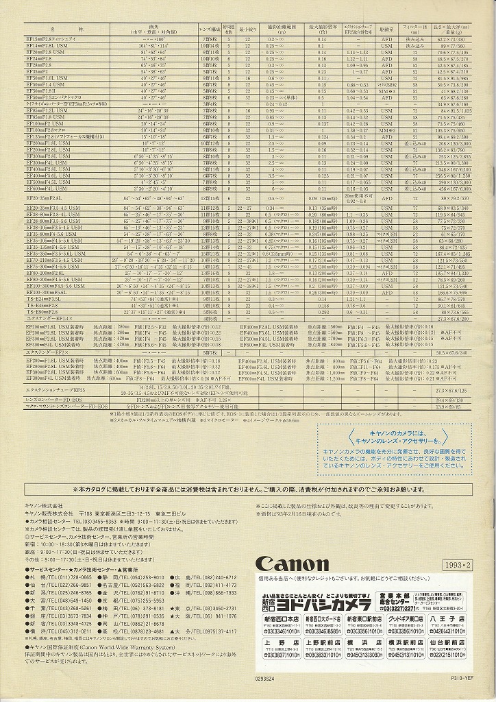 キヤノンEFレンズカタログ フィルムカメラ交換レンズ（1993年2月配布物