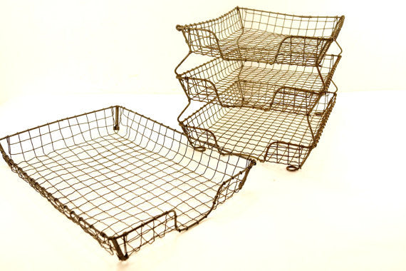 Vintage Wire Desk Tray Storage Basket, Inbox / Outbox (c.1940s