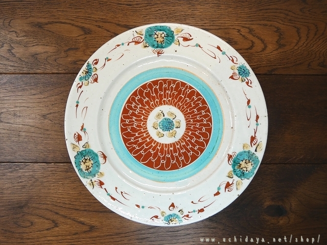 砥部焼 中田窯 8寸リム皿 灰釉加彩 花 | 内田屋通販