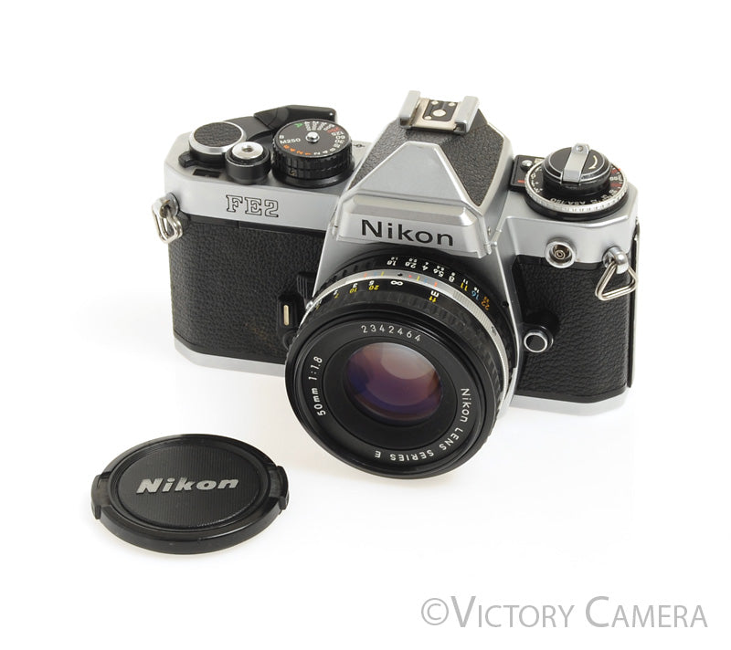 Nikon FE-2 FE2 Chrome 35mm Camera with 50mm f1.8 AI-s Lens -New Seals-