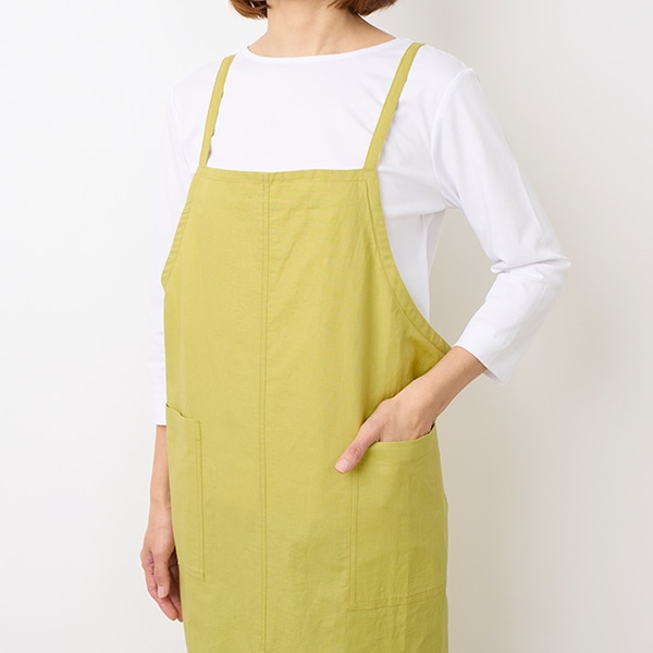 コットンリネンカラーフリークロスエプロン(イエロー)｜胸あてエプロン