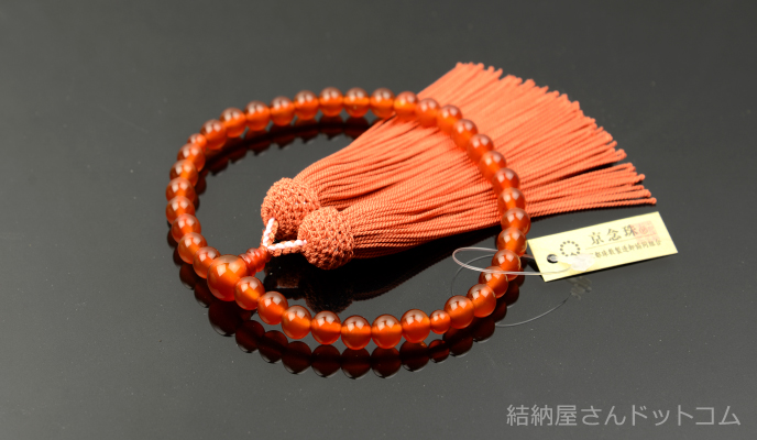 オレンジ瑪瑙（カーネリアン）共仕立 正絹頭付房（桐箱付）【略式数珠