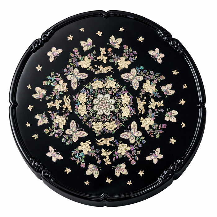 韓国螺鈿漆塗り丸お膳鶴と花柄中 テーブル・お膳丸型 夢市場本店【韓国