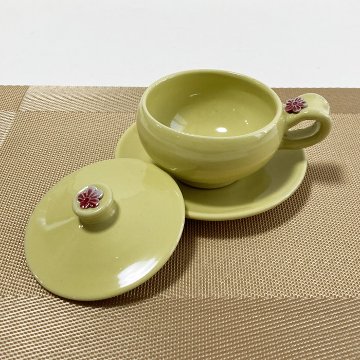 蓋付カップ&ソーサー韓国伝統茶用手作りのイエロー陶器のコーヒー