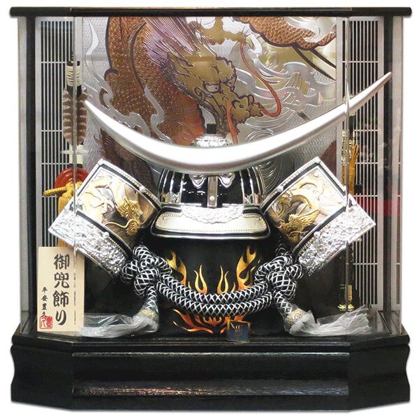 五月人形 伊達政宗 着用兜 25号 六角アクリルケース飾り 平安豊久 銀