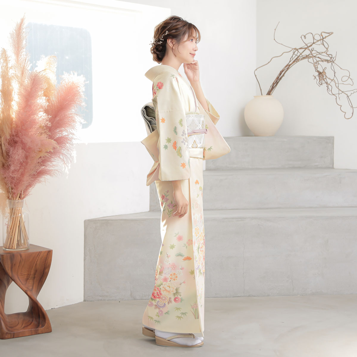 訪問着：H877 ジャパンスタイル クリーム色 垣根に牡丹| 訪問着