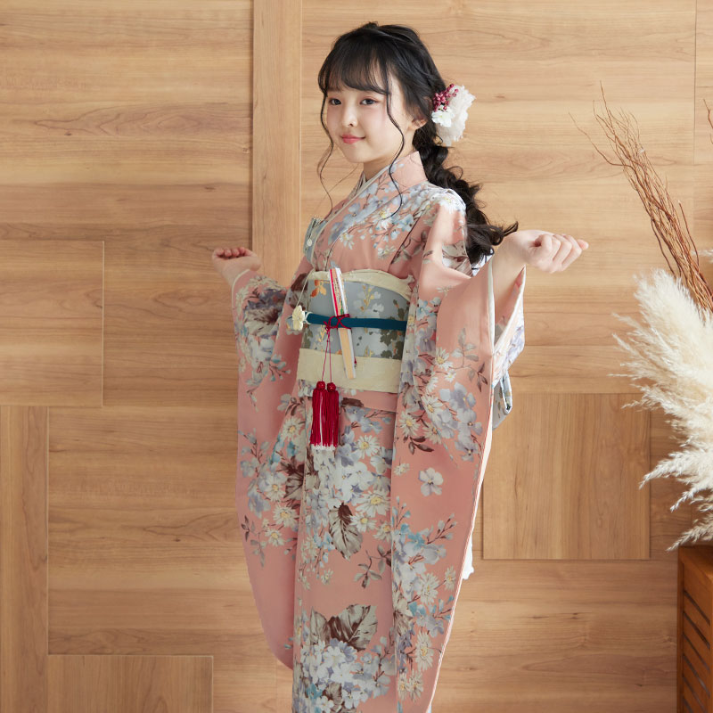 七五三七歳四つ身：N106 SUGAR KEI コーラルピンク 花々 | 七五三着物