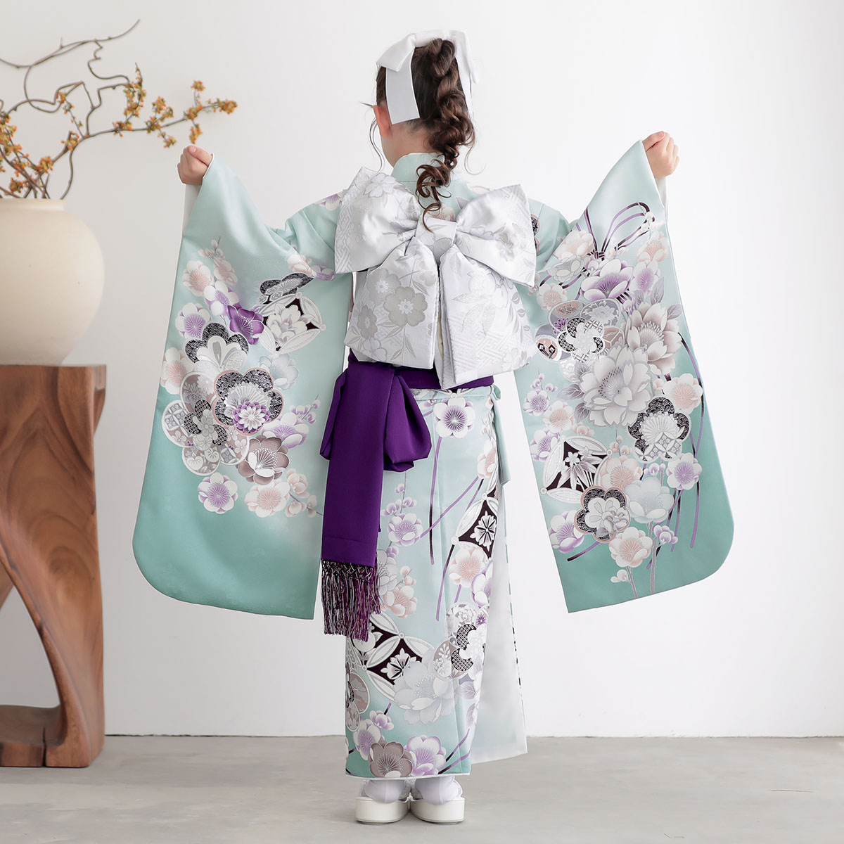 七五三七歳四つ身：N219 水色 梅に桜 | 七五三着物レンタル | 京都着物