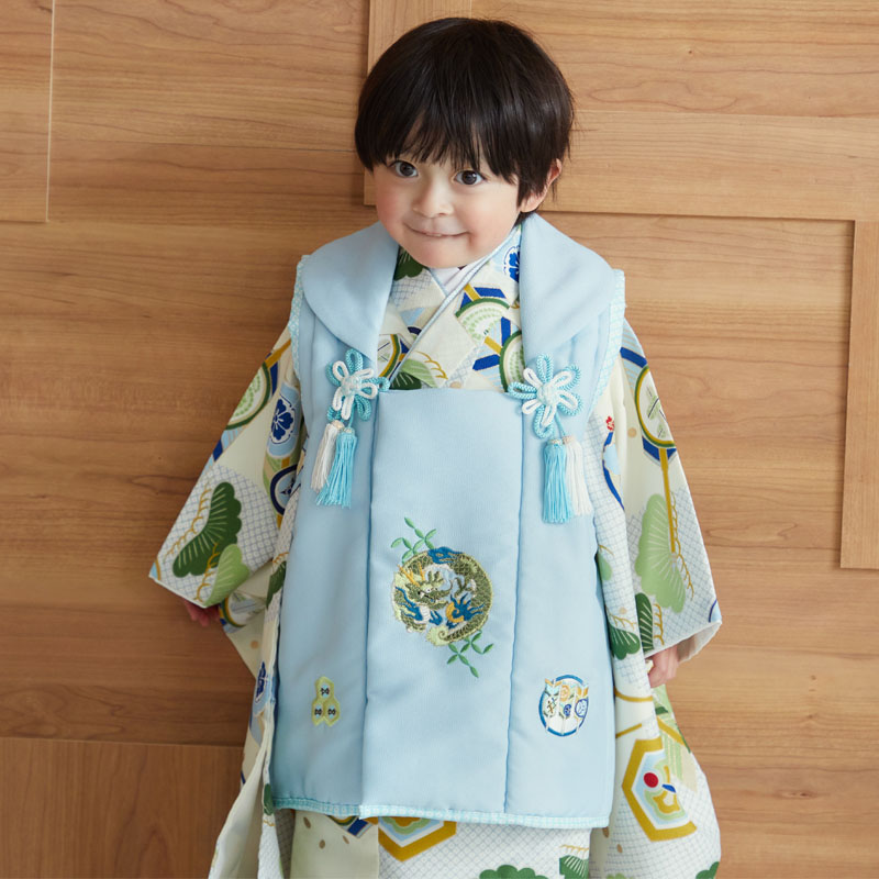 七五三被布 : K098 【三歳男児被布】水色龍×鼠クリーム疋田松矢羽