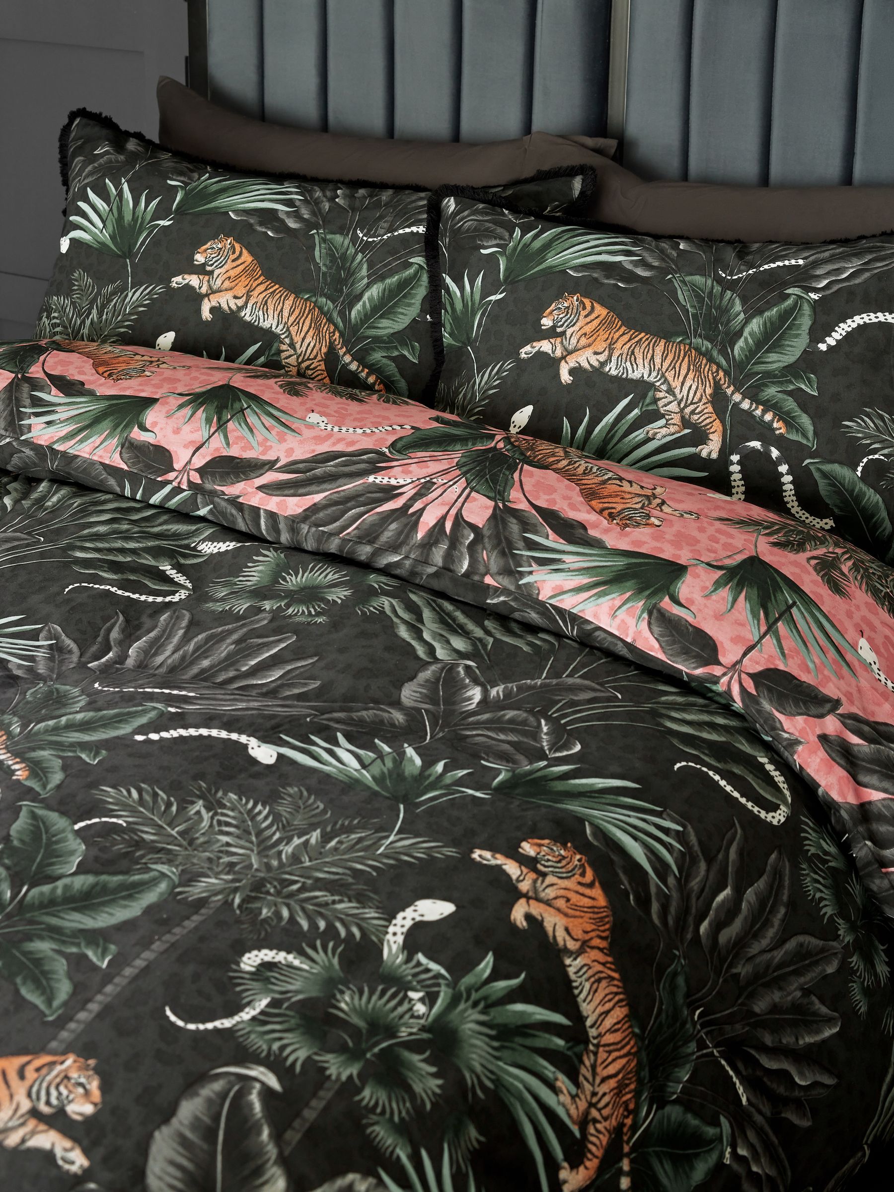 Buy Black/Pink Fringed Tiger Duvet Cover and Pillowcase Set from