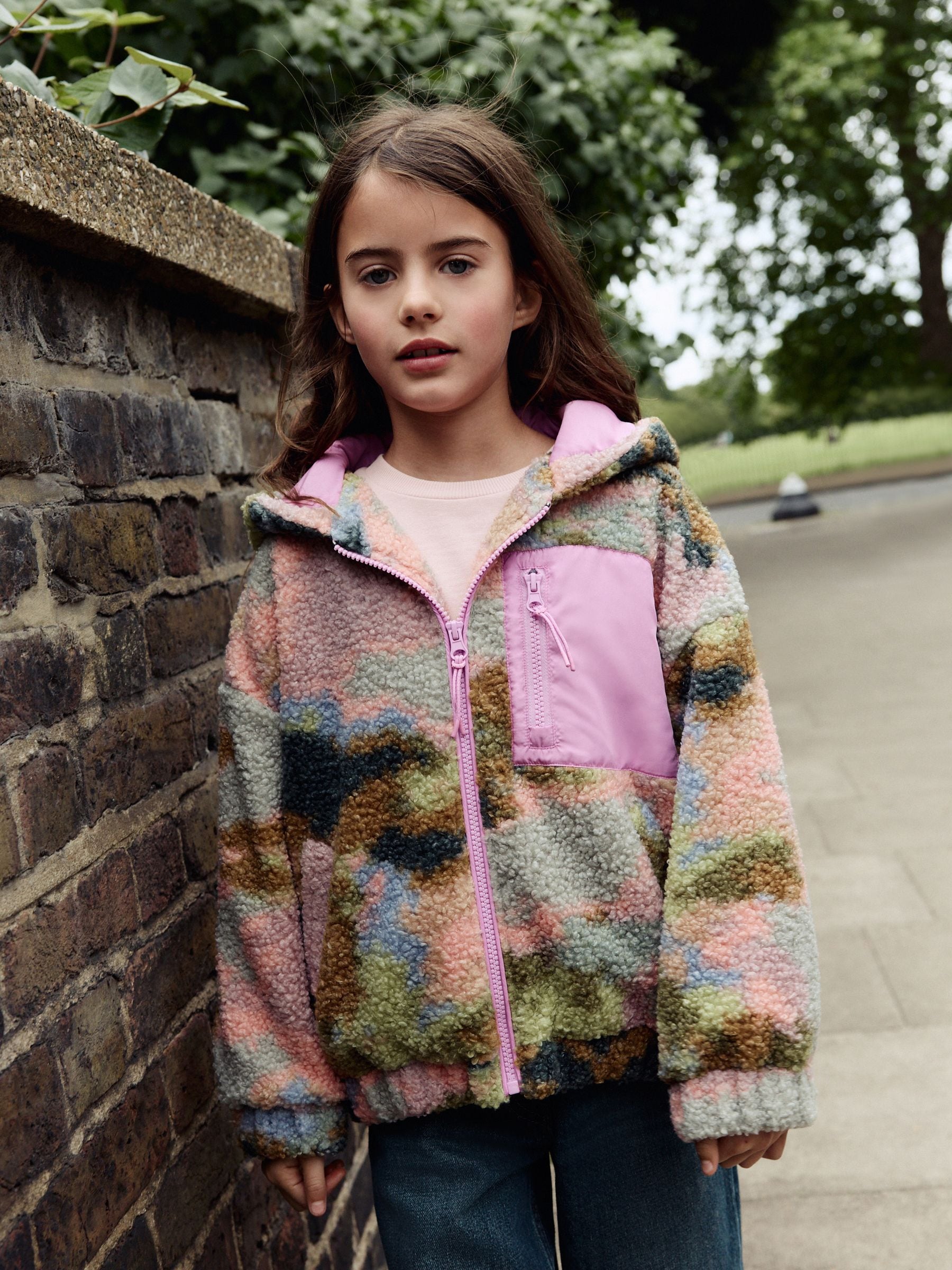 Buy Pink/Green Abstract Hooded Zip Borg Fleece Jacket (3-16yrs