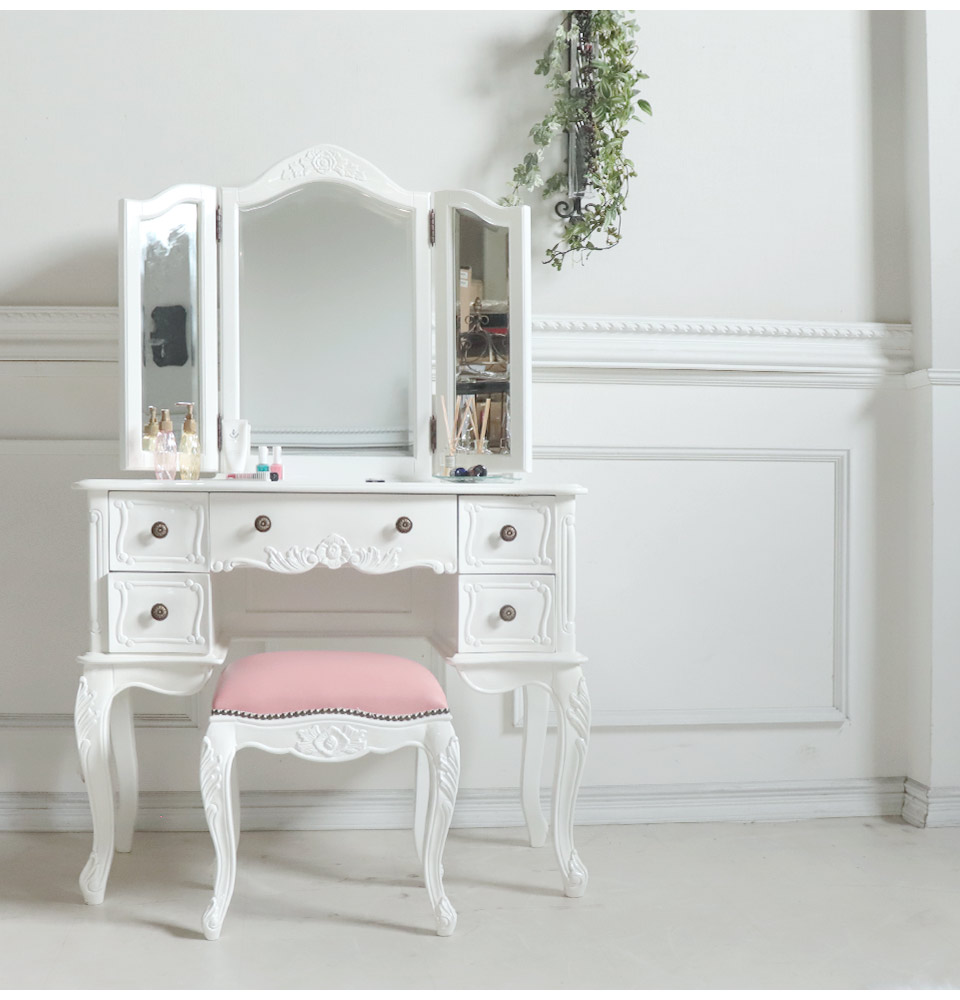 ブルー 3面鏡付 ドレッサー マホガニー材 3面鏡 高級 綺麗 開梱設置