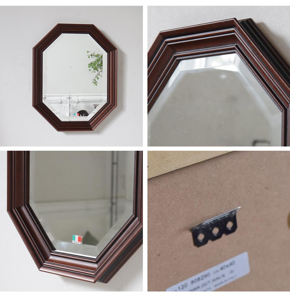 イタリア製 八角形 ウォールミラー(壁掛け鏡) ウッド 38×48cm