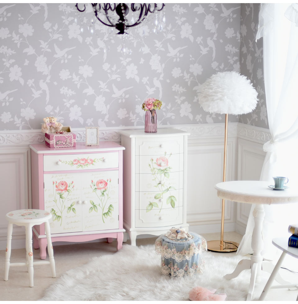 ハンドペイント 薔薇のキッチンキャビネット フレンチピンク｜姫系