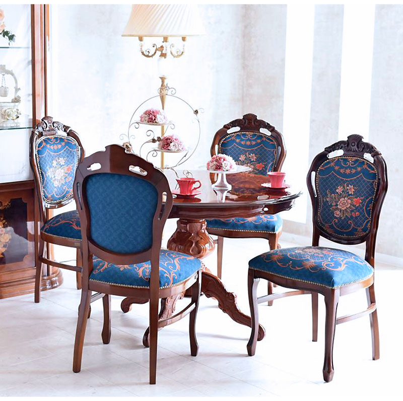 イタリア製 象嵌ラウンドダイニングセット5P （ブルーフラワー