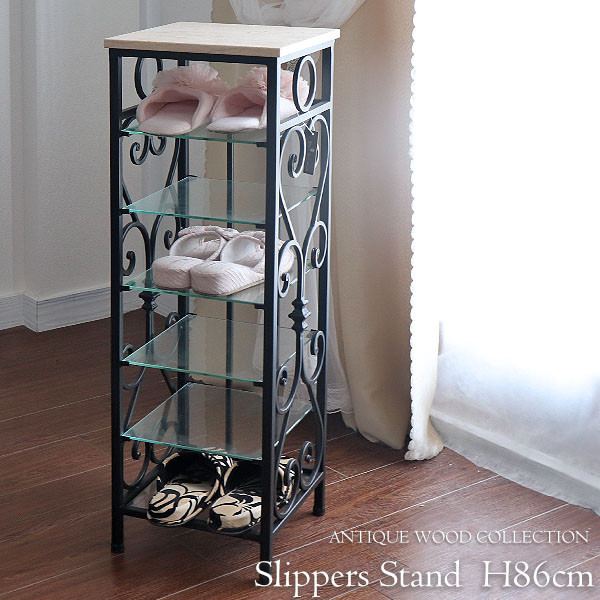 アンティーク調 おしゃれなアイアンスリッパラック ガラスラック｜Y