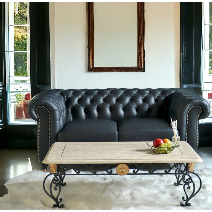 輸入家具 二人掛け チェスターフィールド ソファ ブラックレザー 高級