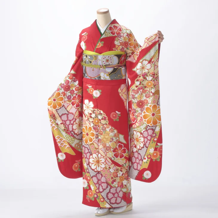 f0722086r】【赤・ワイン系】振袖 レンタル フルセット Mサイズ 【状態