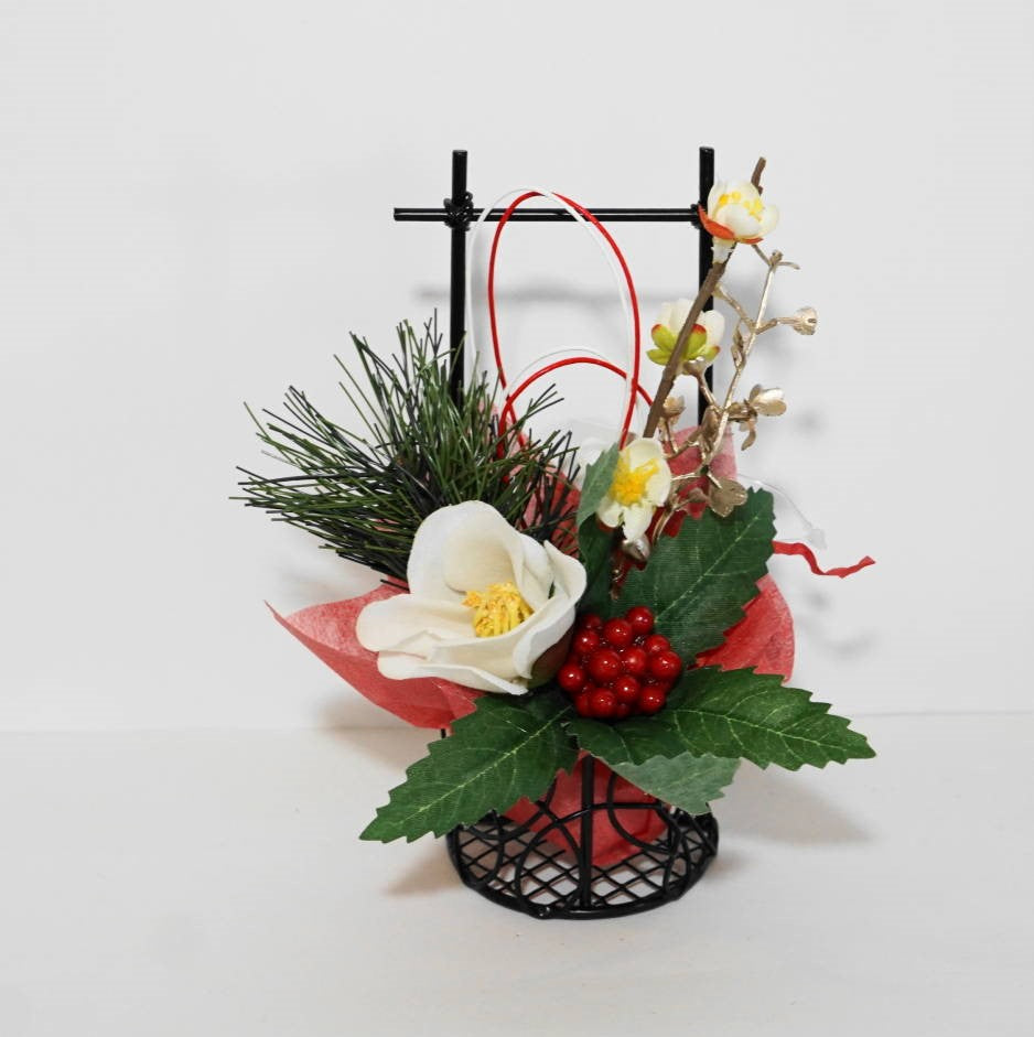 椿アレンジ お正月飾り 造花 アーティフィシャルフラワー 3448
