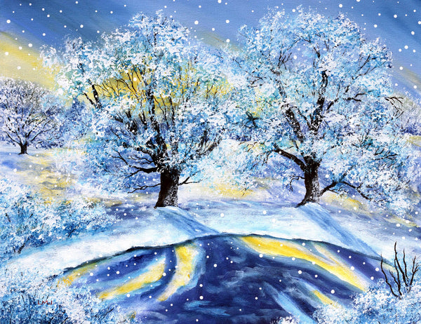 Oak Trees by a Frozen Pond Original Painting Laura Milnor Iverson