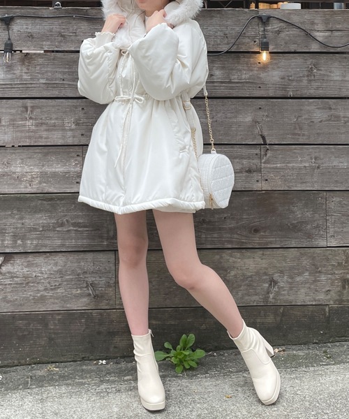 one way（ワンウェイ） ファー付きリボン中綿ダウンコート レディース