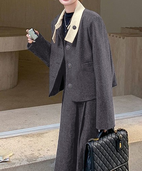 セットアップ 2点セットアップ 配色衿ショート丈ジャケット＆タック