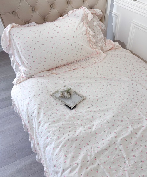 ベッド 寝具 花柄リボンパイピングフリルベッドカバー4点セット