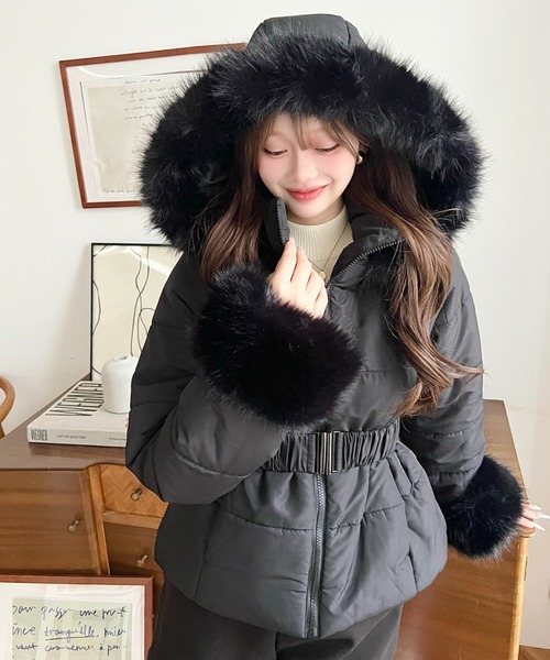 アルチビオ 中綿ダウン ワンピース ファー付き ウエストベルト 38