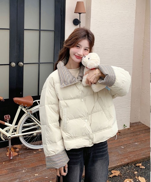 nonomi ダウンコート ダウンジャケット チェック切り替え中綿スタンド