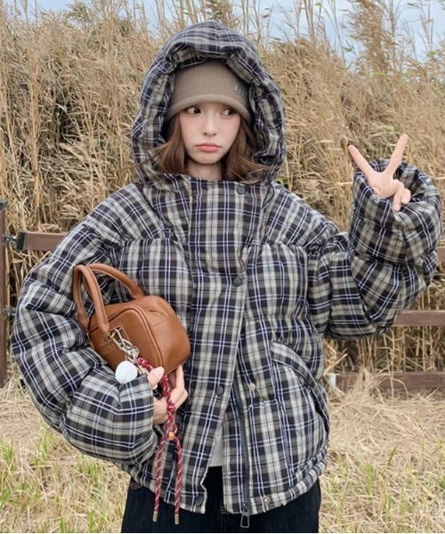 nonomi ダウンコート ダウンジャケット チェック柄フード付き中綿