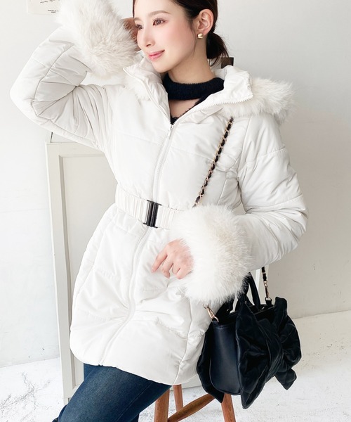 moment+ ダウンコート ダウンジャケット ウェストベルト付きフード