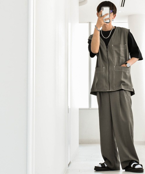 ベスト ジレ ポリエステル 配色ステッチZIPベスト レディース メンズ