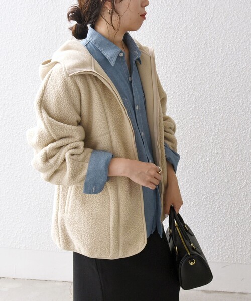 SHIPS any パーカー any:「洗濯機可能」ボア フリース フード ブルゾン