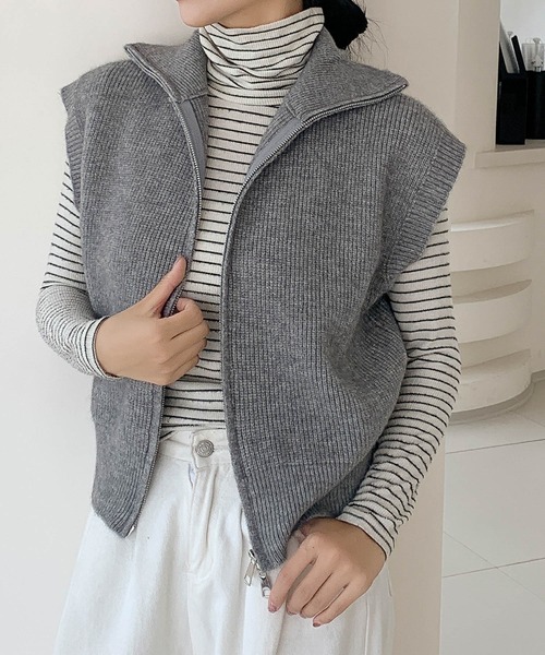 LOWO ベスト ジレ ダブルジップ ハイネック ニット ベスト トップス