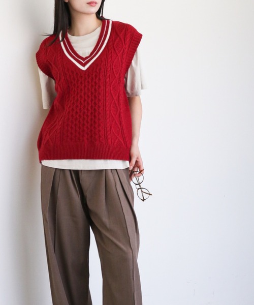 gossip!ロサンゼルス ベスト ジレ ケーブルニット Vネックベスト