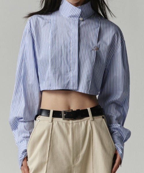 ブラウス シャツ クロップドストライプハイネックシャツ レディース