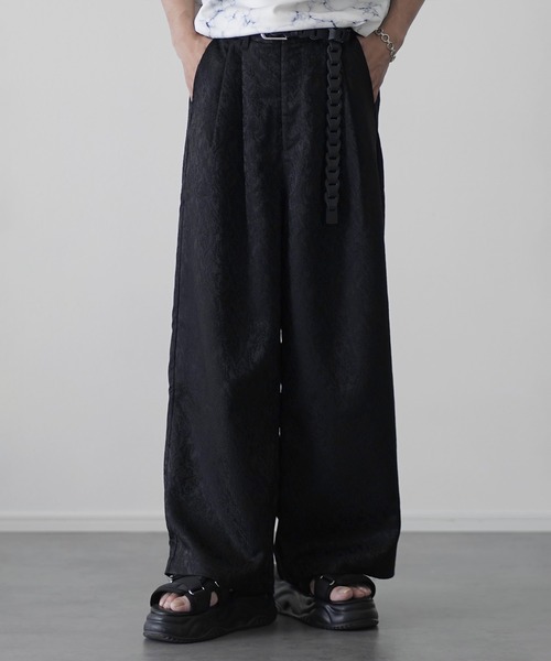 スラックス 総柄ジャガード2タックワイドバギースラックス メンズ