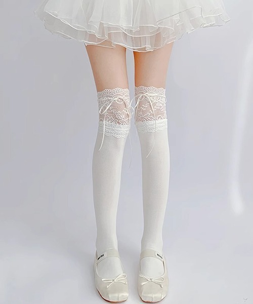 c.u.l 靴下 フラワーレース リボン ニーハイソックス レースソックス
