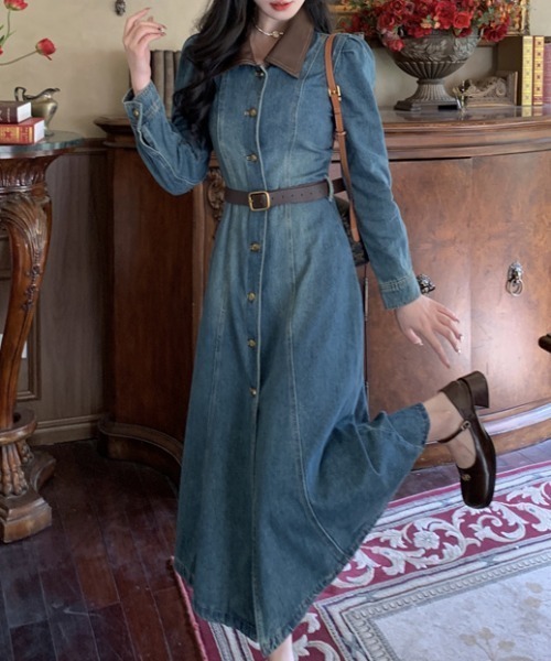 Diosfront ワンピース フェイクレザー襟Aラインデニムワンピース