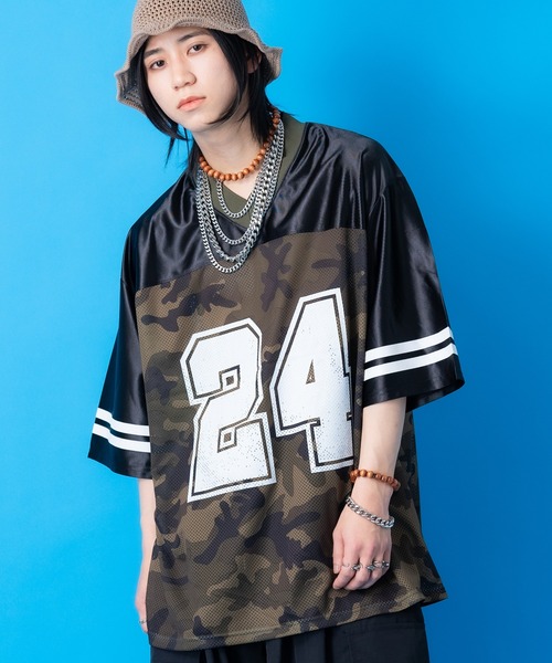 tシャツ a.p.o.v. ナンバリング迷彩柄メッシュツートーン切替