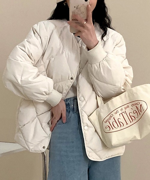 ジャケット ノーカラージャケット 中綿入りノーカラーキルティング