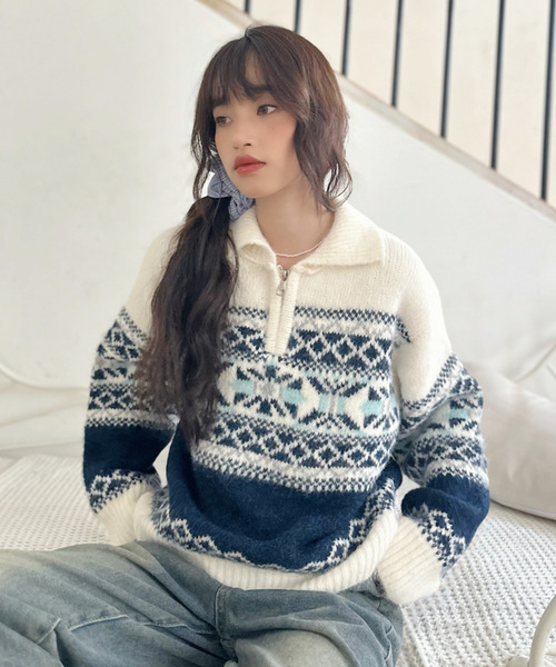 ニット セーター 「Good Riddance」ハーフジップ ノルディック柄